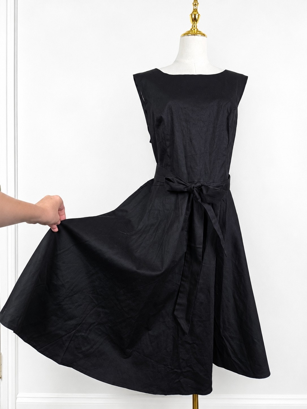 Hanpceirs Black Fit & Flare Midi Dress Tie Waist Cotton Stretch Classic 2XL